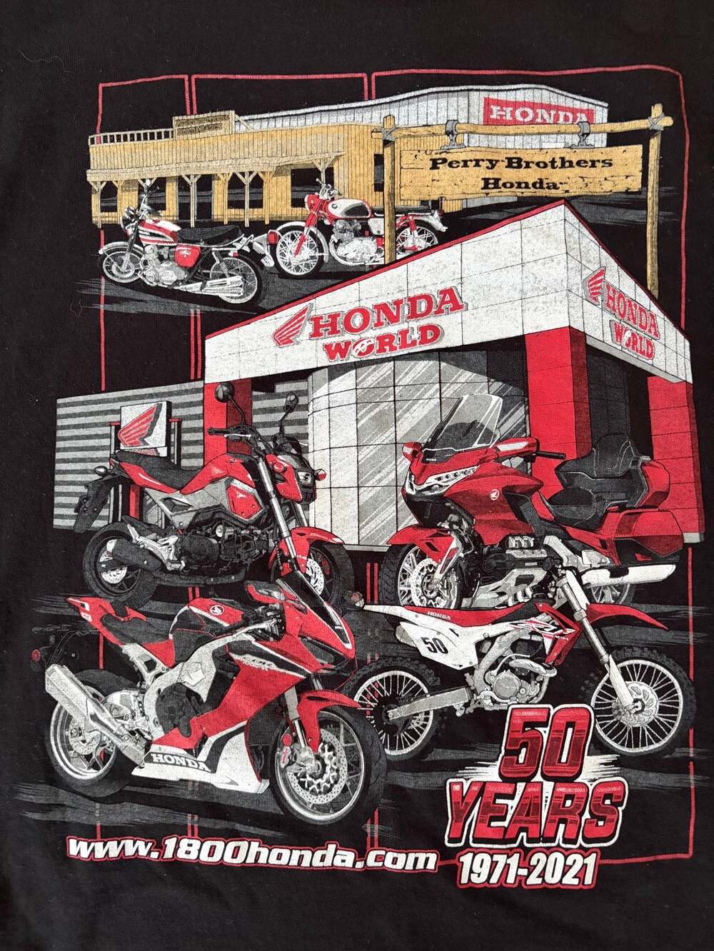 Perry Brothers Honda World 50 Years Motorcycle Graphic T-Shirt Black Large